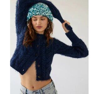 Free People Blue Cropped Greta Cardigan Sweater Blue Cropped Oversized Size M